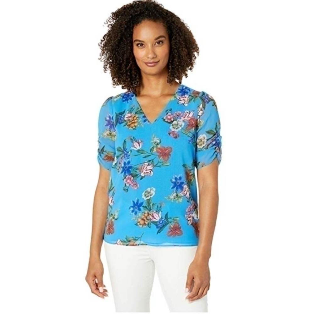 NWT Calvin Klein Blue Floral Blouse in Ocean Blue - Picture 2 of 7